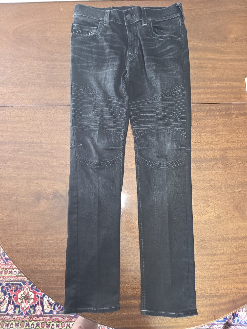 True Religion Men's Black Moto Jeans Biker Ribbed Panels Stretch Denim Size 33
